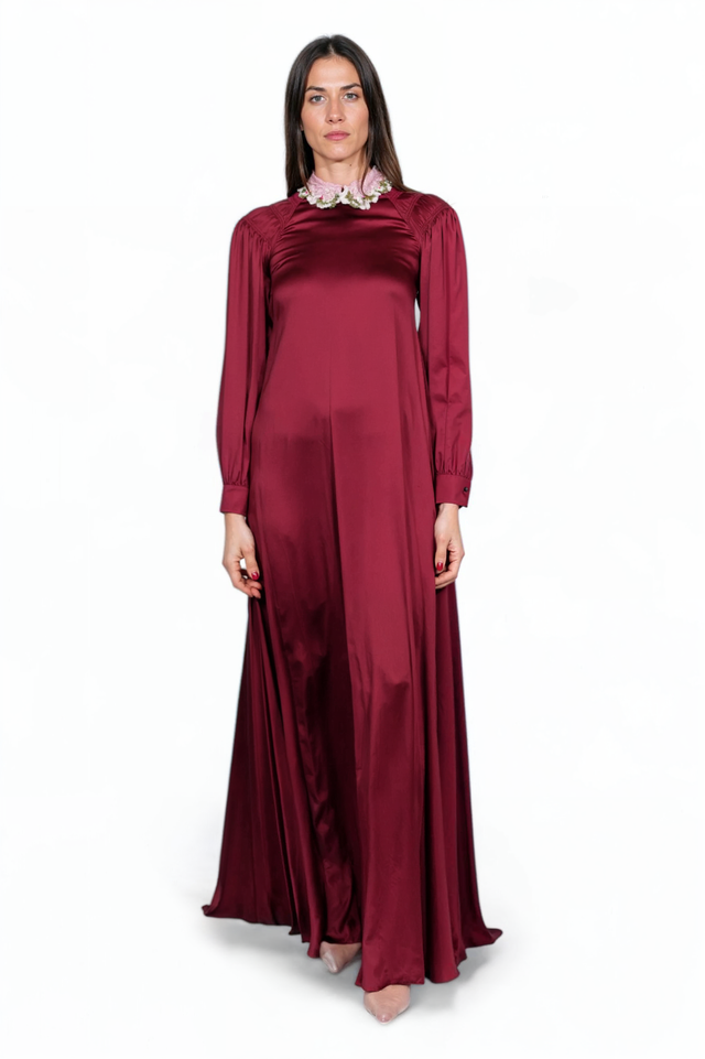 Valentino Burgundy Silk Gown with Floral Embellished Collar