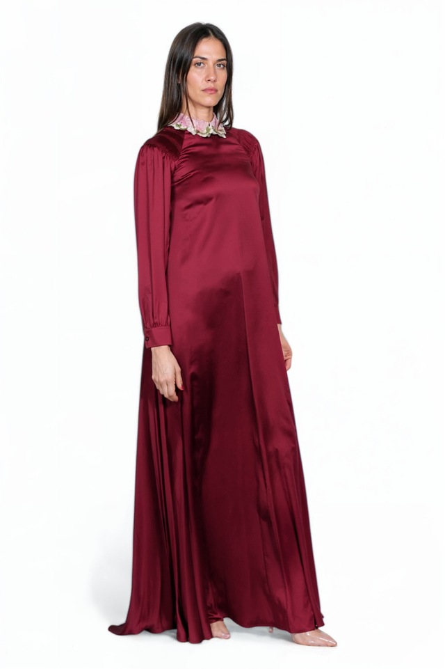 Valentino Burgundy Silk Gown with Floral Embellished Collar