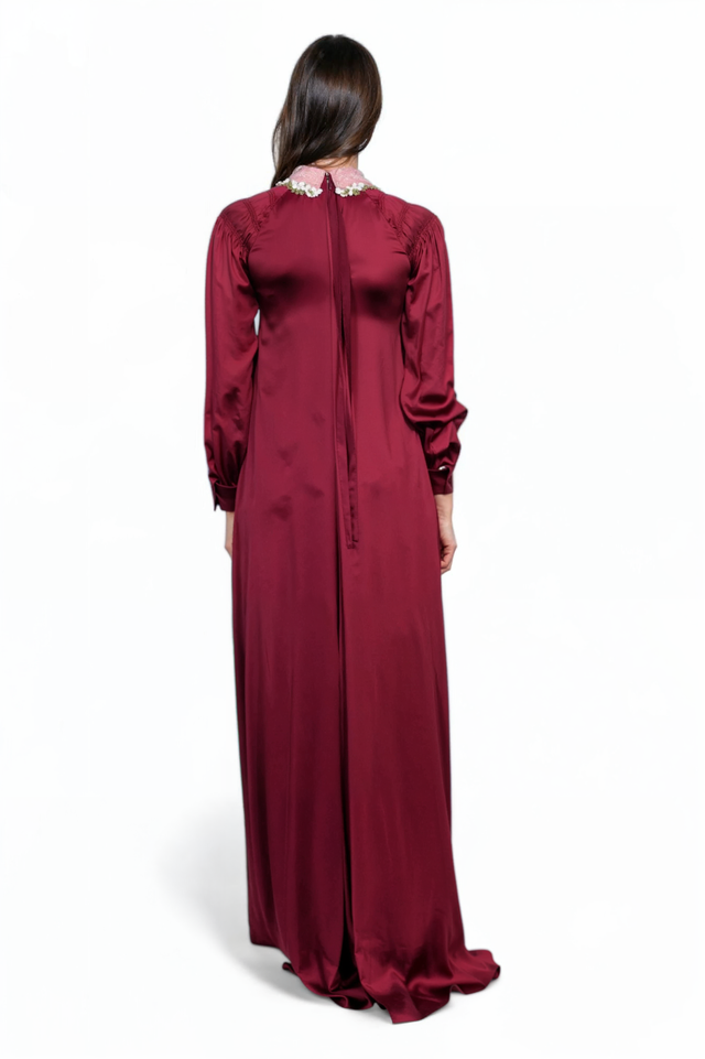 Valentino Burgundy Silk Gown with Floral Embellished Collar