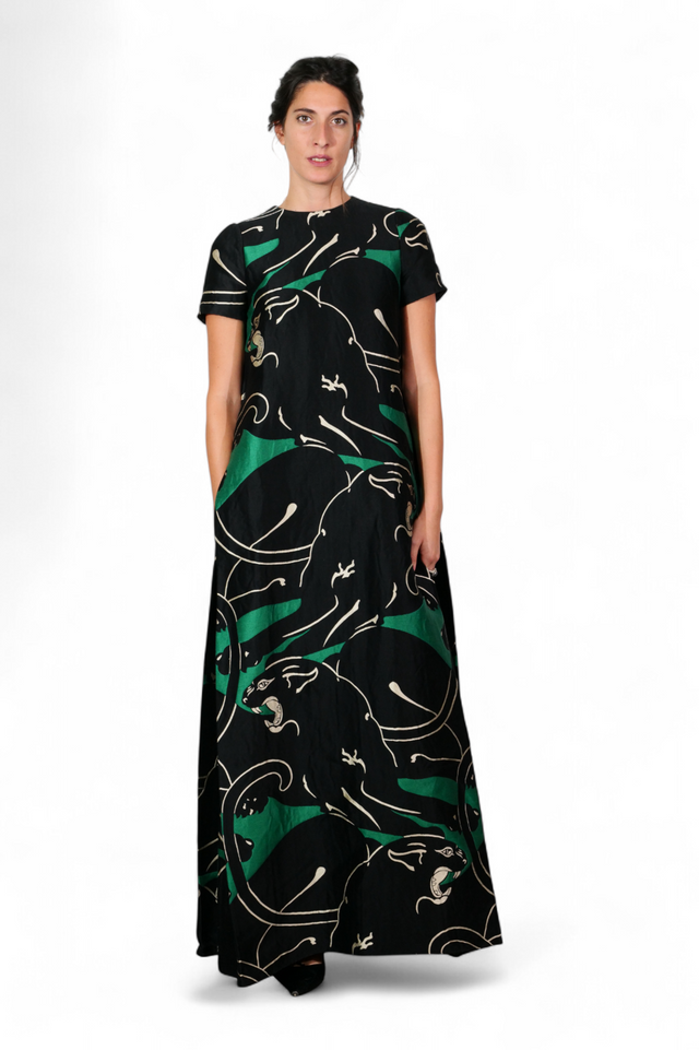 Valentino Panther Print Silk Gown — Black & Emerald