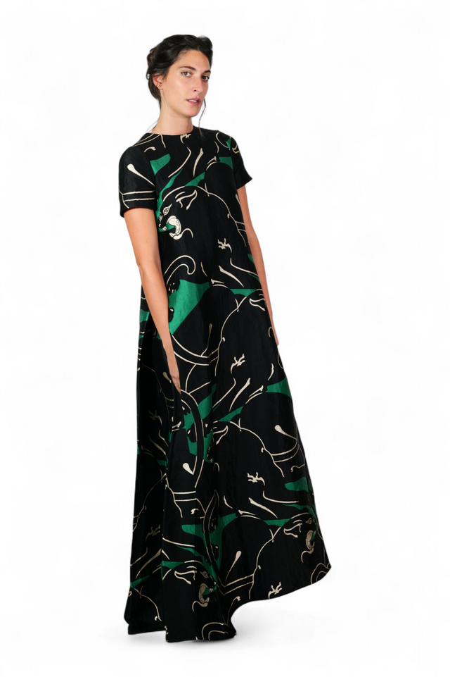 Valentino Panther Print Silk Gown — Black & Emerald