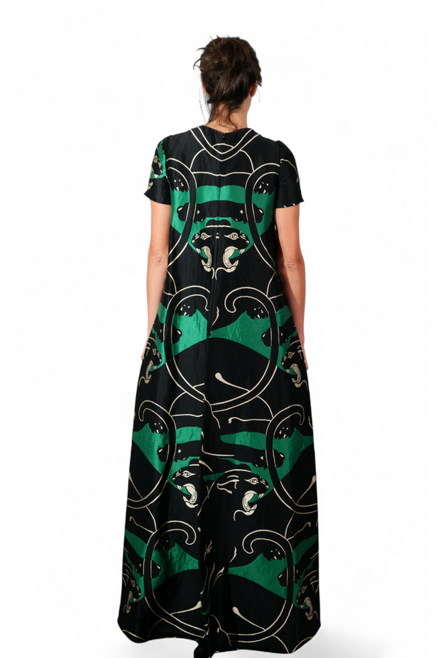Valentino Panther Print Silk Gown — Black & Emerald