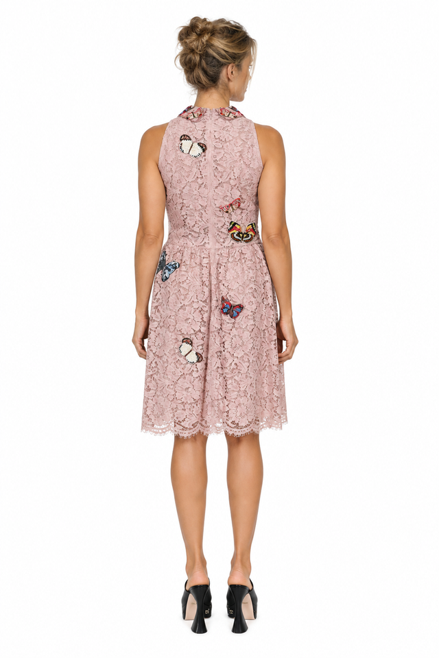 Valentino Butterfly-Appliqué Heavy Lace Dress in Dusty Pink
