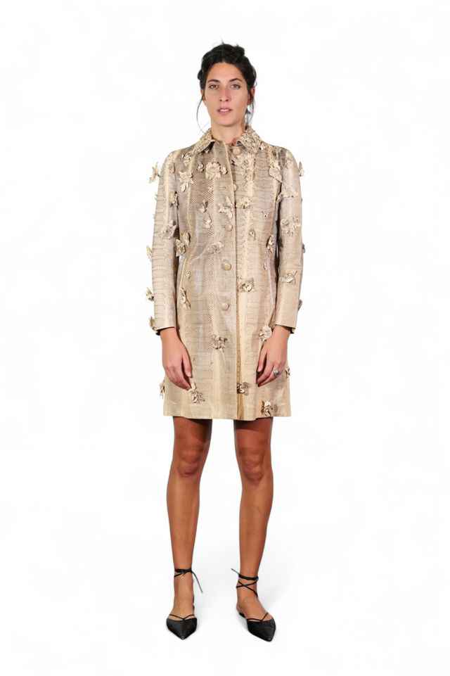 Valentino 3D Floral Python Skin Coat — Champagne Beige