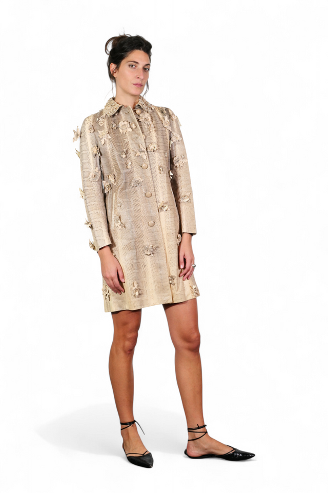 Valentino 3D Floral Python Skin Coat — Champagne Beige