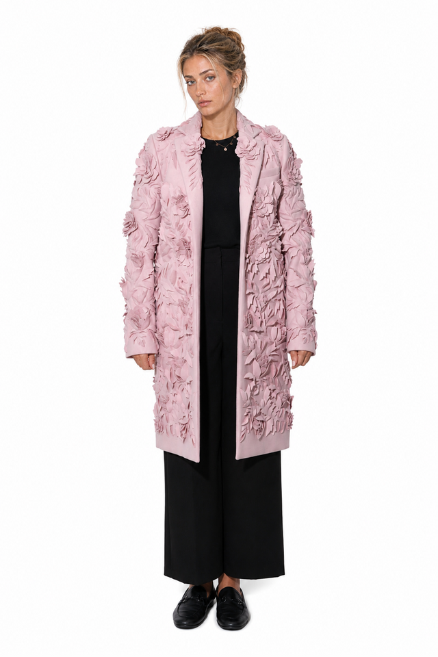 Valentino 3D floral cutout appliqué single-breasted wool coat in powder pink
