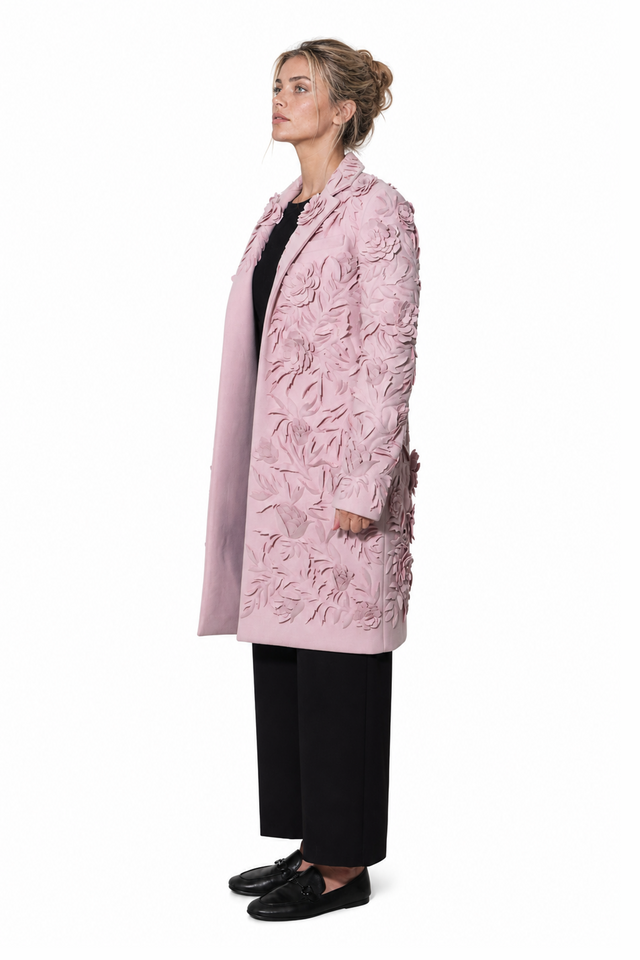 Valentino 3D floral cutout appliqué single-breasted wool coat in powder pink