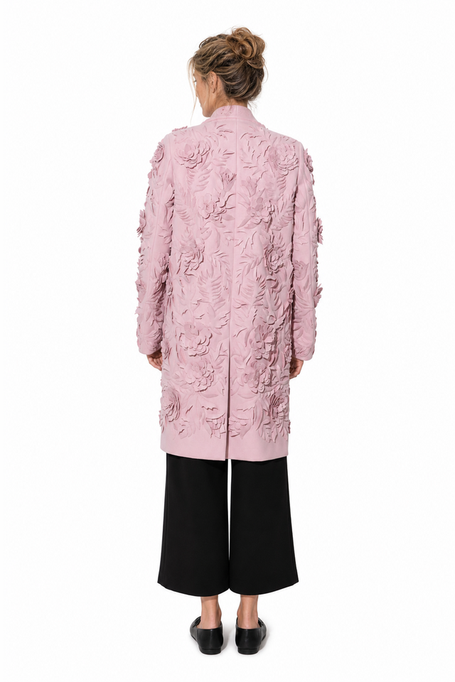 Valentino 3D floral cutout appliqué single-breasted wool coat in powder pink