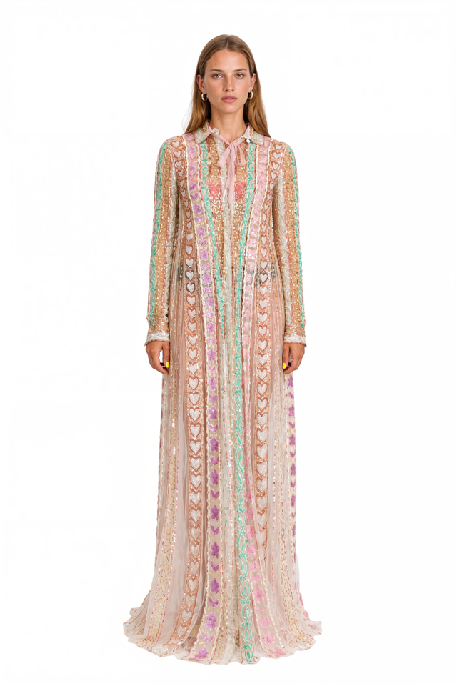 Valentino ivory sheer gown with heart and floral embroidered bands and shirt collar – front view