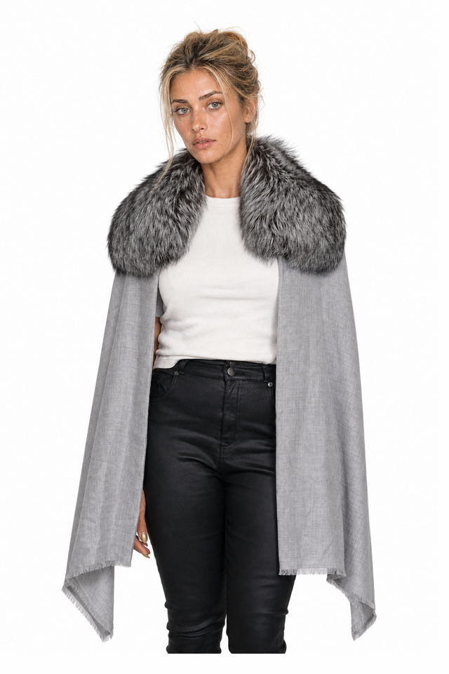 Valentino Silver Fox Fur Collar Cashmere-Wool Fringe Cape Wrap in Dove Grey (50 x 200 cm)