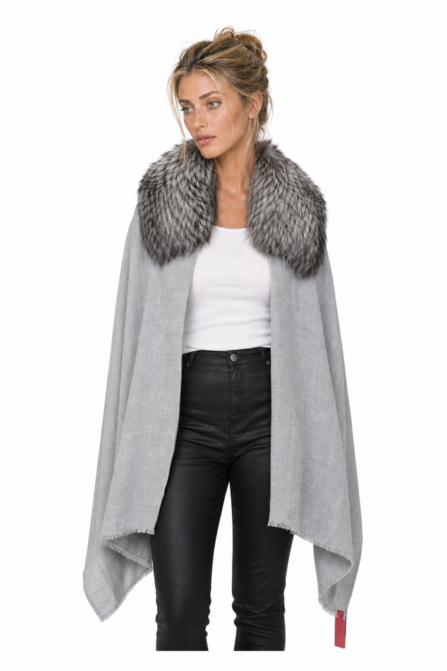 Valentino Silver Fox Fur Collar Cashmere-Wool Fringe Cape Wrap in Dove Grey (50 x 200 cm)