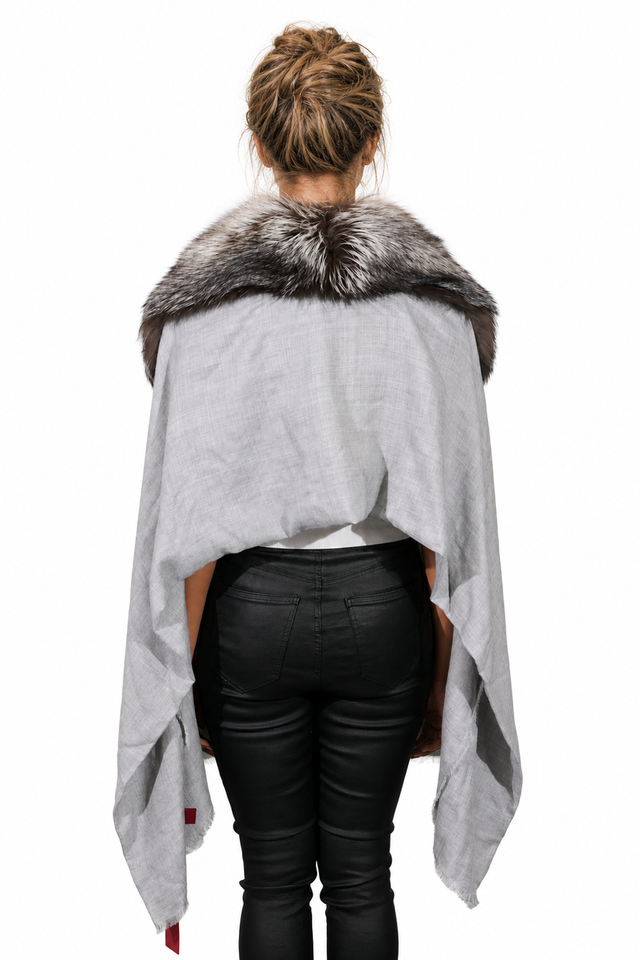 Valentino Silver Fox Fur Collar Cashmere-Wool Fringe Cape Wrap in Dove Grey (50 x 200 cm)