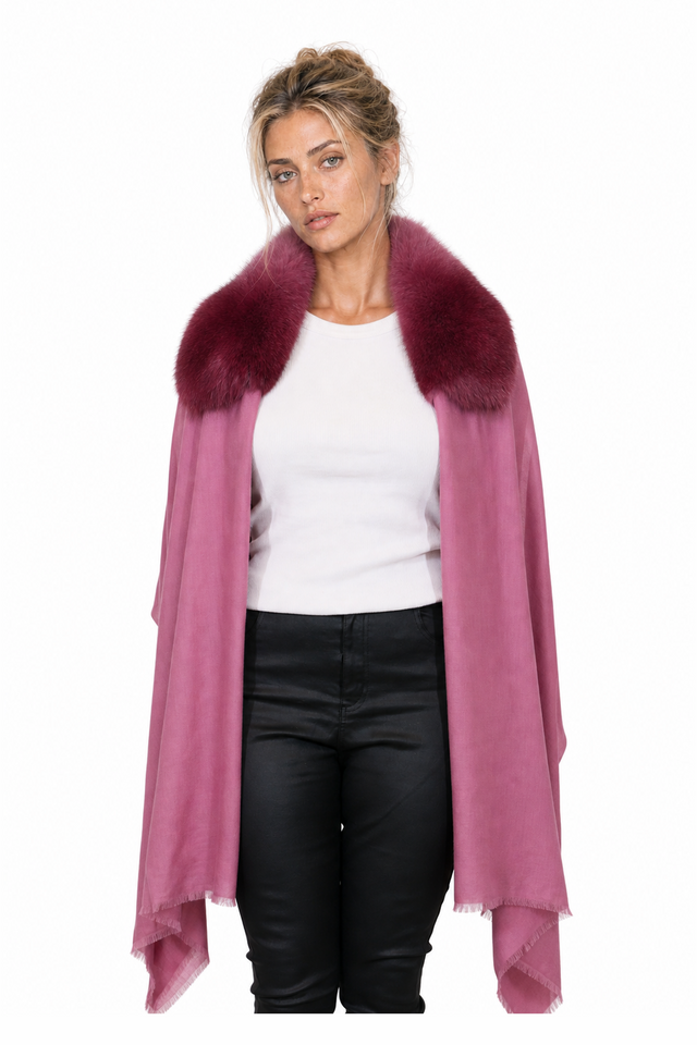 Valentino Fox Fur Collar Cashmere-Wool Fringe Cape Wrap in Dusty Rose Pink & Powder Blue