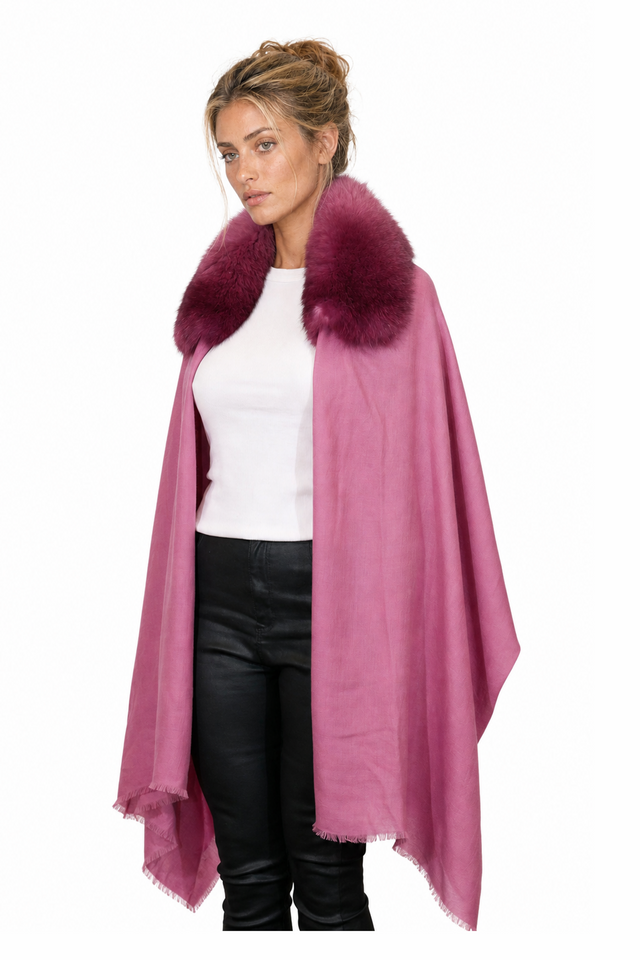 Valentino Fox Fur Collar Cashmere-Wool Fringe Cape Wrap in Dusty Rose Pink & Powder Blue