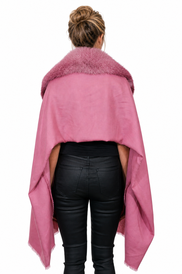 Valentino Fox Fur Collar Cashmere-Wool Fringe Cape Wrap in Dusty Rose Pink & Powder Blue
