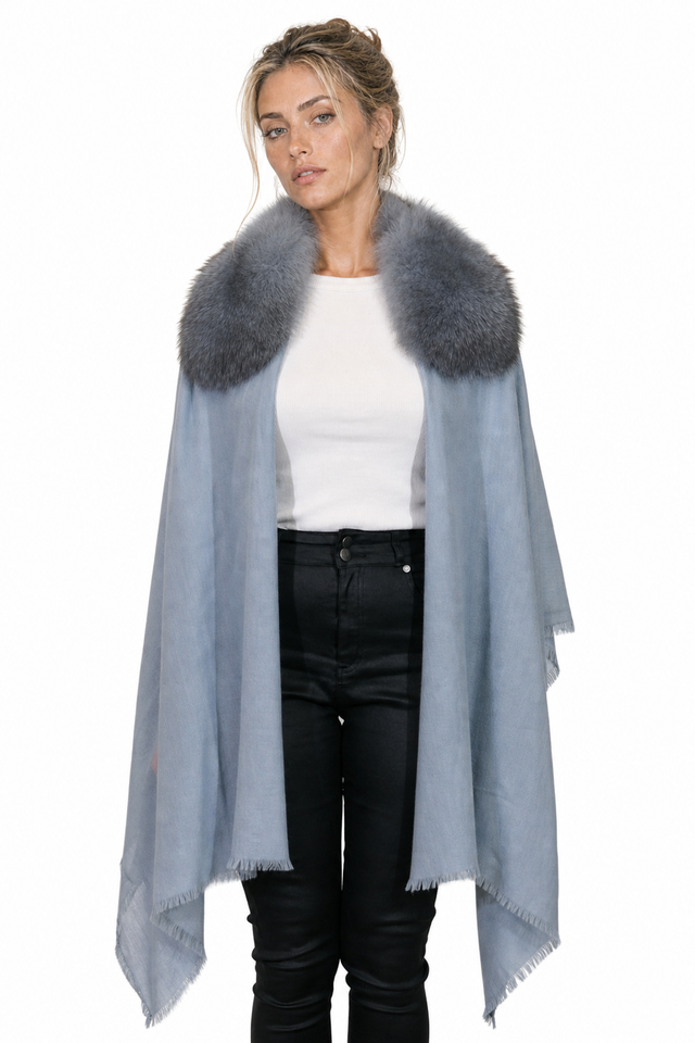 Valentino Fox Fur Collar Cashmere-Wool Fringe Cape Wrap in Dusty Rose Pink & Powder Blue