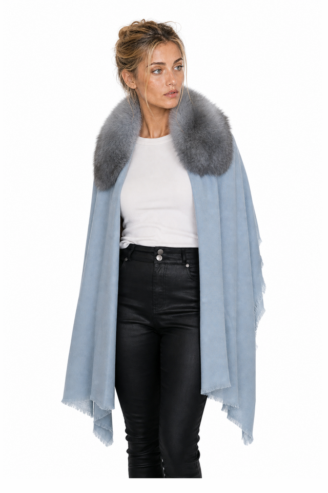 Valentino Fox Fur Collar Cashmere-Wool Fringe Cape Wrap in Dusty Rose Pink & Powder Blue