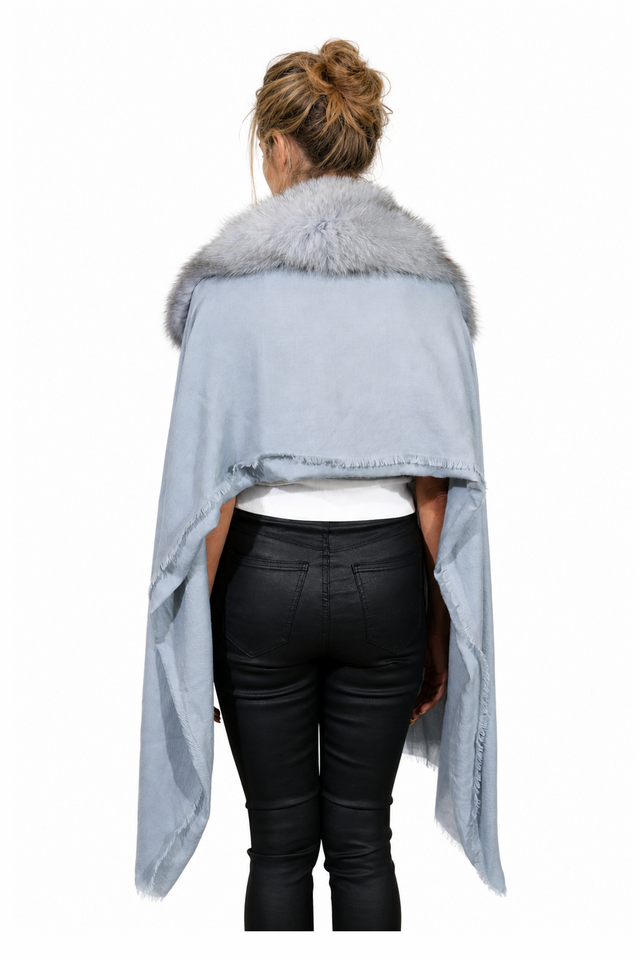 Valentino Fox Fur Collar Cashmere-Wool Fringe Cape Wrap in Dusty Rose Pink & Powder Blue