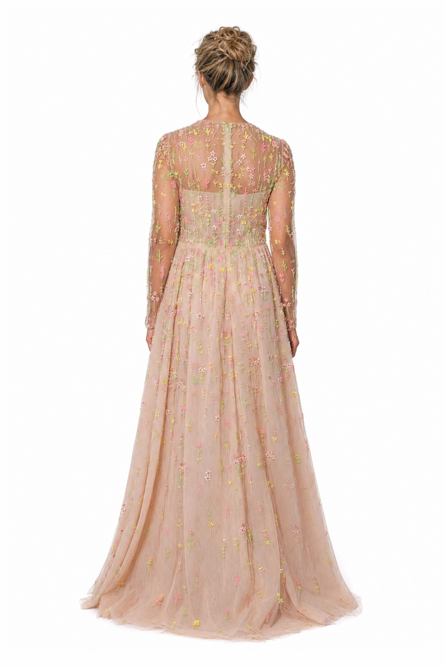 Valentino Women's Wildflower Embroidered Tulle Long-Sleeve Maxi Gown in Sand & Pastel