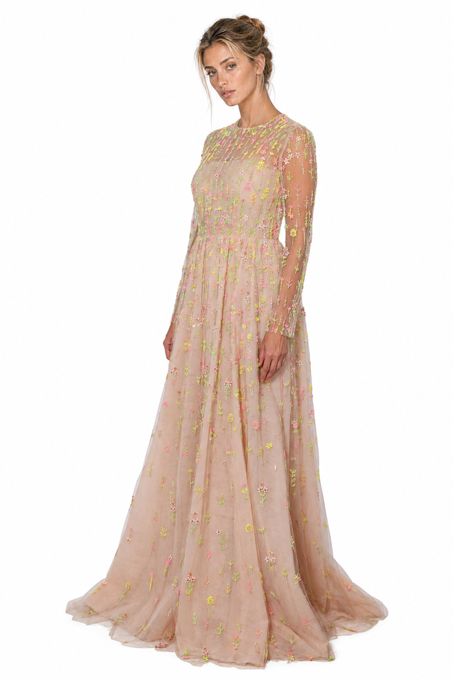 Valentino Women's Wildflower Embroidered Tulle Long-Sleeve Maxi Gown in Sand & Pastel