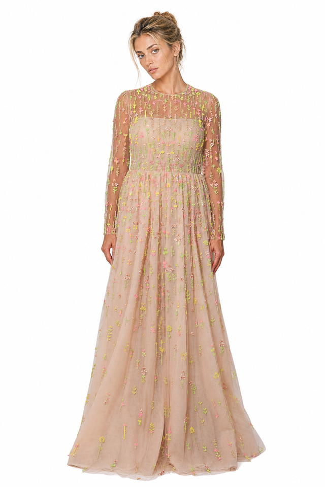 Valentino Women's Wildflower Embroidered Tulle Long-Sleeve Maxi Gown in Sand & Pastel