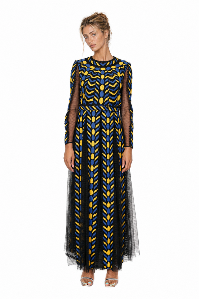 Valentino Geometric Embroidered Tulle Maxi Gown in Cobalt Blue, Canary Yellow & Black
