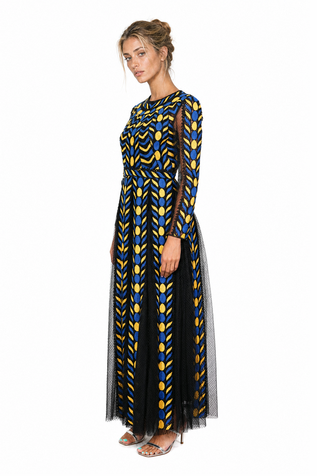 Valentino Geometric Embroidered Tulle Maxi Gown in Cobalt Blue, Canary Yellow & Black