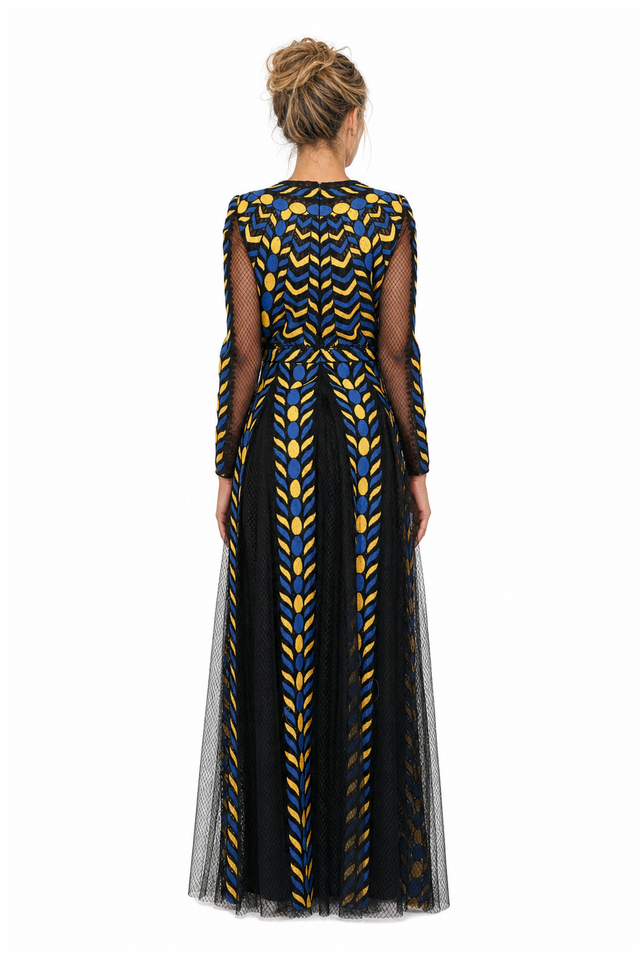 Valentino Geometric Embroidered Tulle Maxi Gown in Cobalt Blue, Canary Yellow & Black