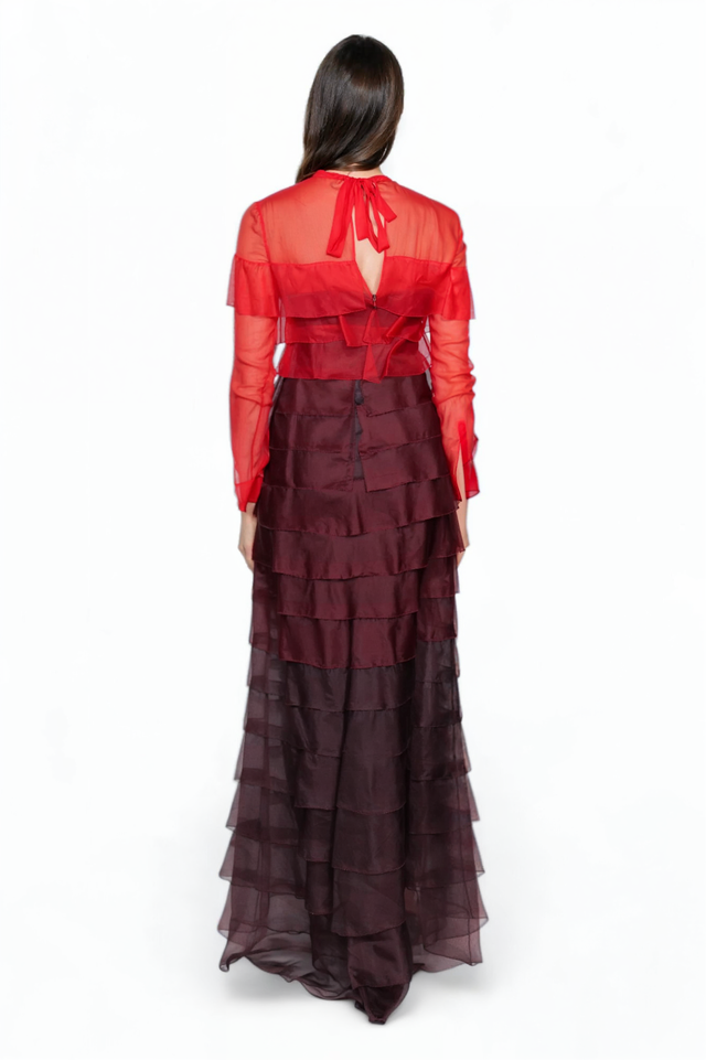 Valentino Red and Burgundy Tiered Ruffle Gown