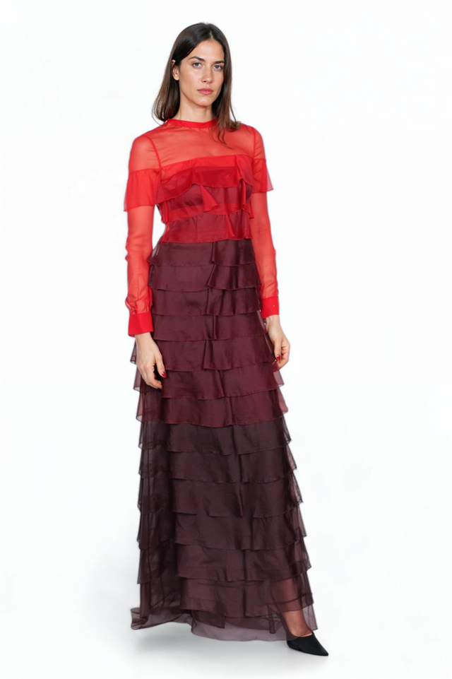 Valentino Red and Burgundy Tiered Ruffle Gown