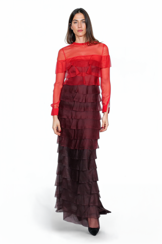 Valentino Red and Burgundy Tiered Ruffle Gown