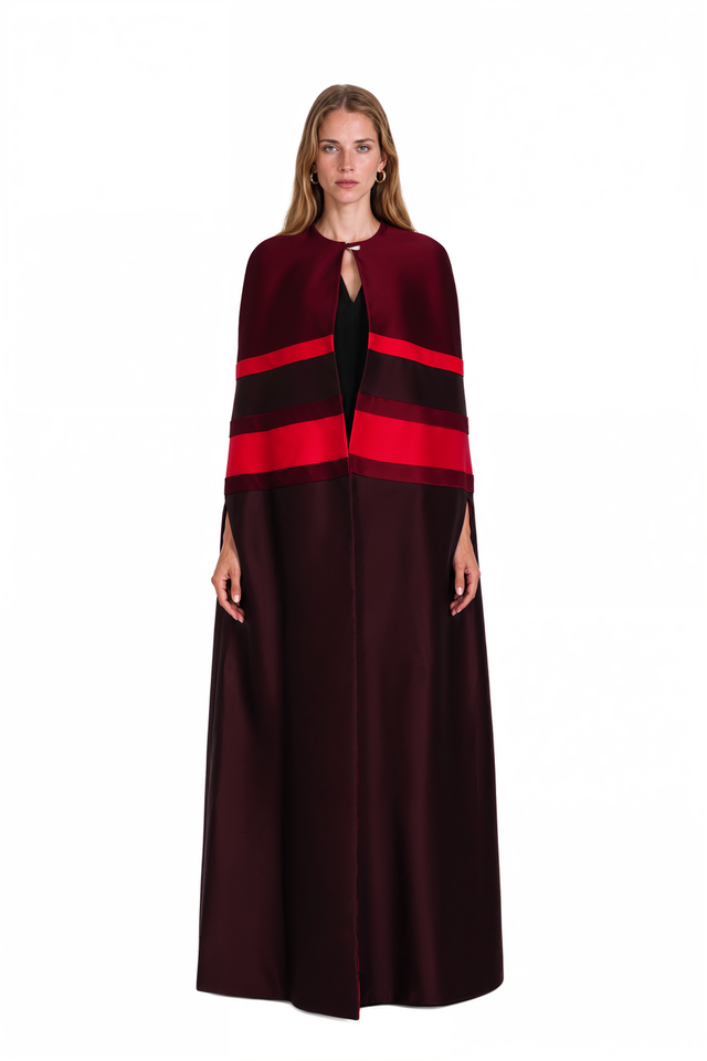 Valentino burgundy silk cady floor-length cape with bold scarlet horizontal color-blocked stripes