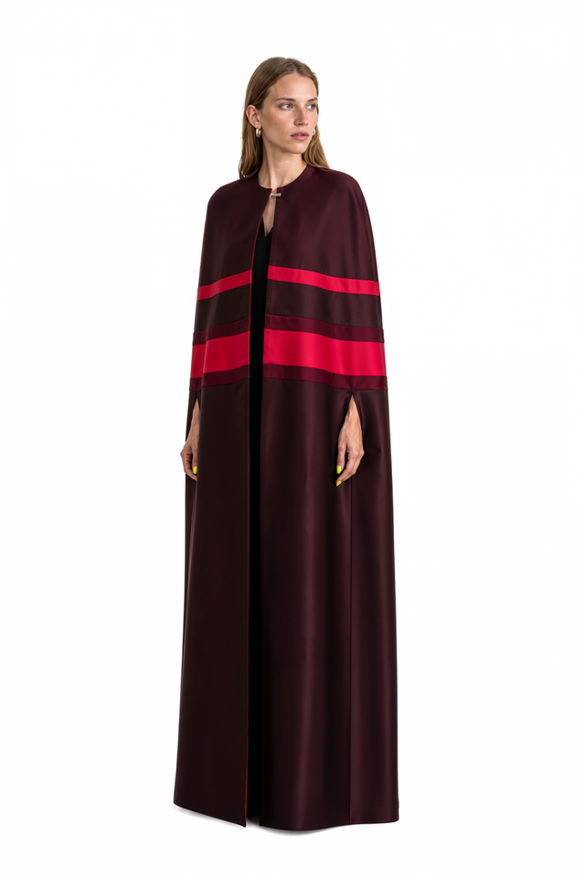 Valentino burgundy silk cady floor-length cape with bold scarlet horizontal color-blocked stripes