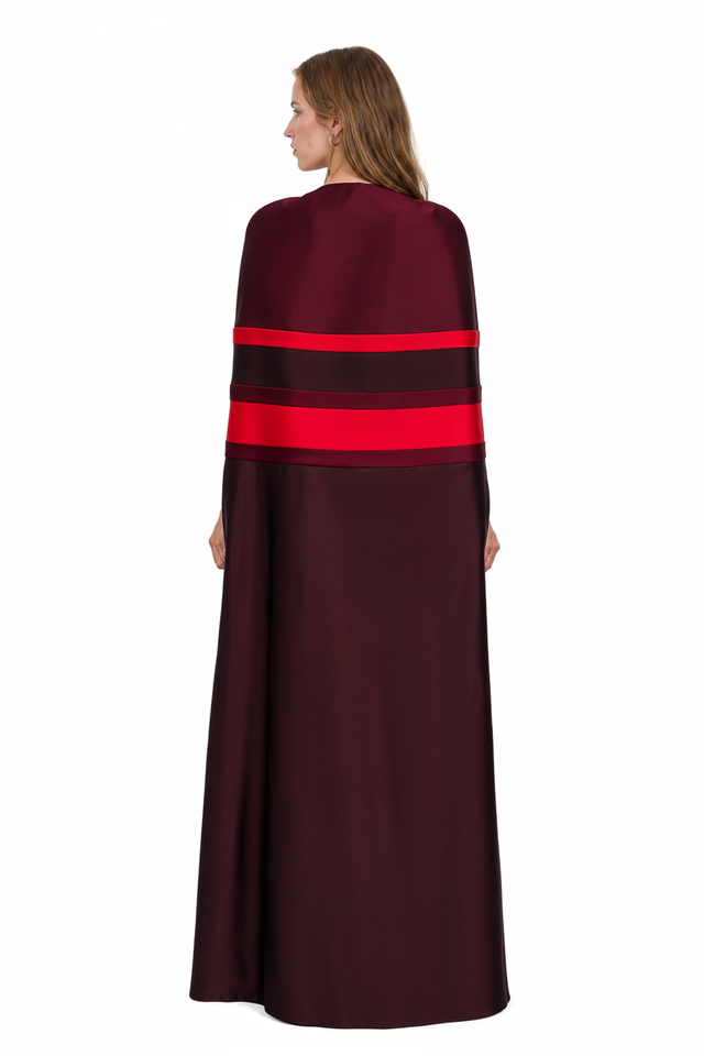 Valentino burgundy silk cady floor-length cape with bold scarlet horizontal color-blocked stripes