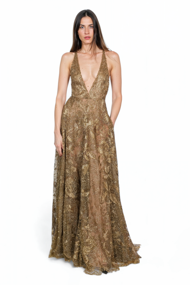 Golden Glamour Valentino Plunging Evening Gown