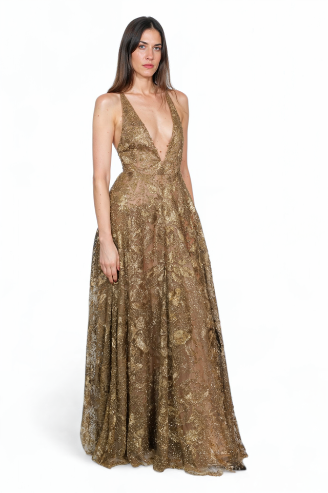 Golden Glamour Valentino Plunging Evening Gown