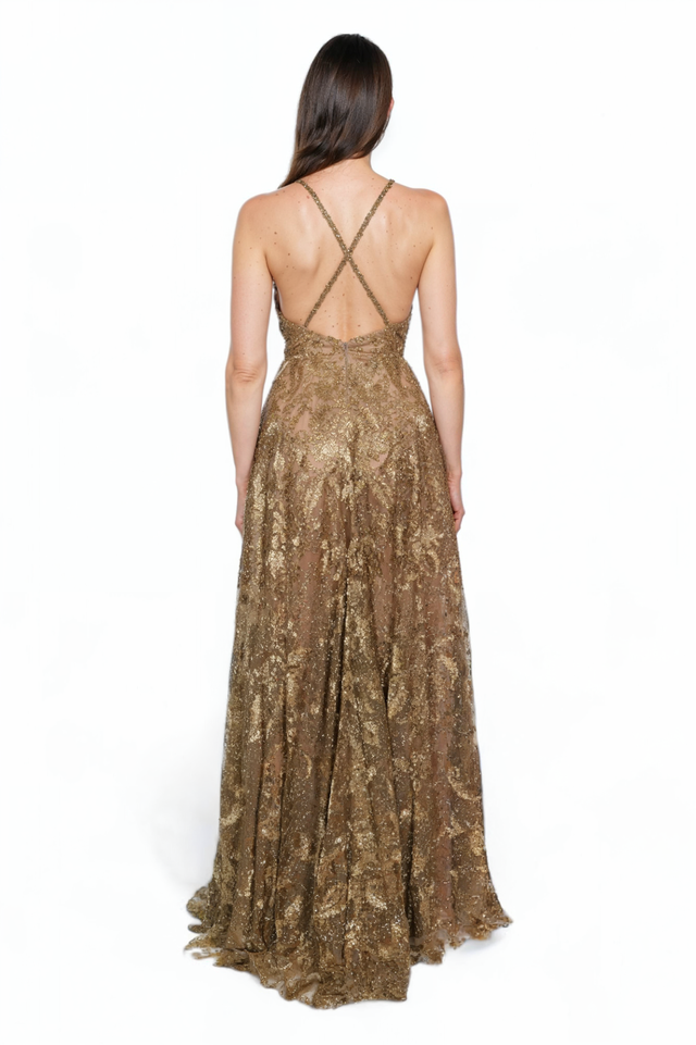 Golden Glamour Valentino Plunging Evening Gown