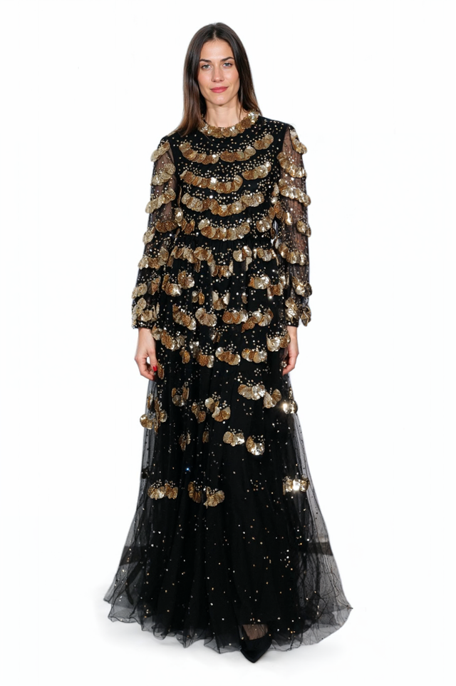 Valentino Black and Gold Sequin Tiered Gown