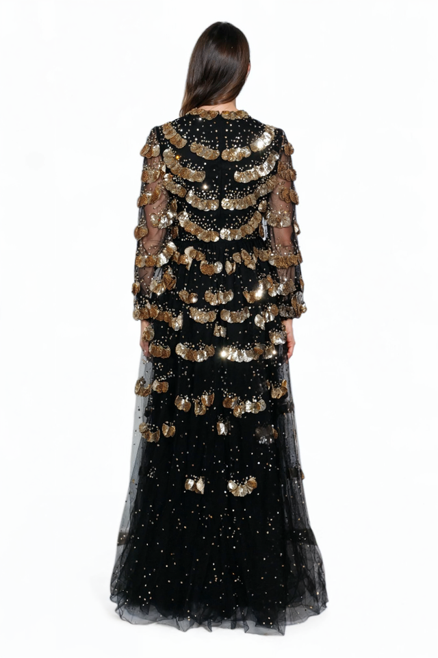 Valentino Black and Gold Sequin Tiered Gown