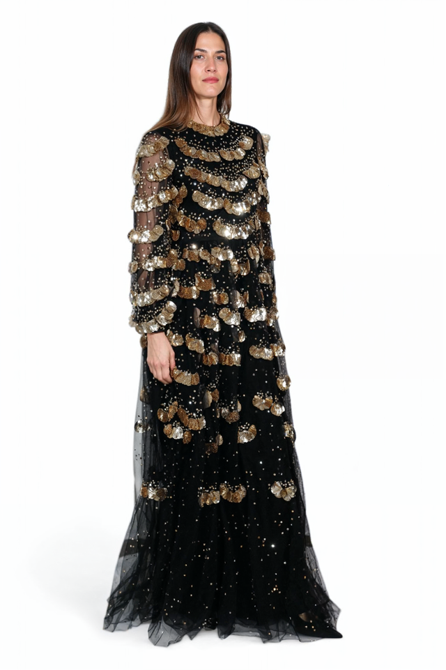 Valentino Black and Gold Sequin Tiered Gown