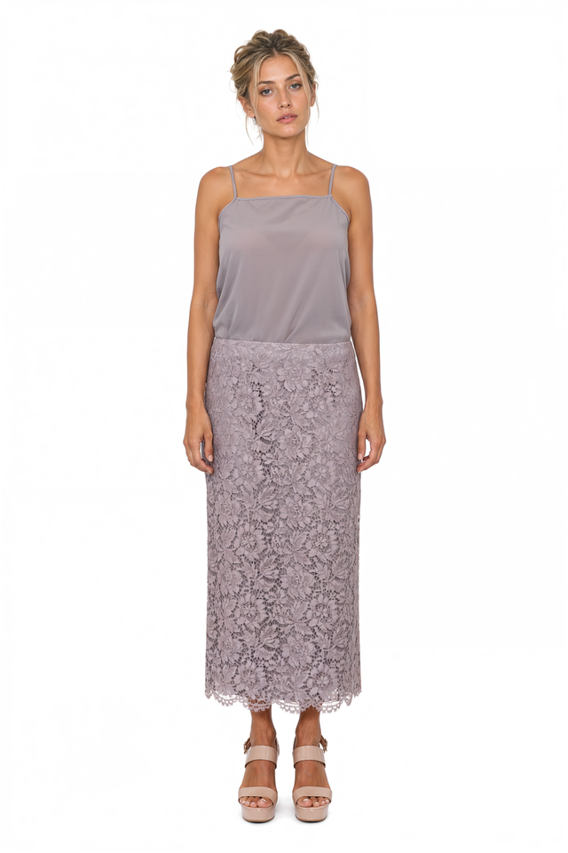 Valentino Floral Lace Midi Skirt in Dusty Mauve