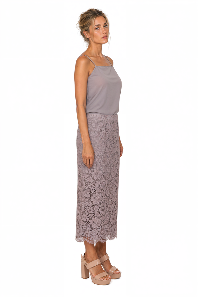 Valentino Floral Lace Midi Skirt in Dusty Mauve