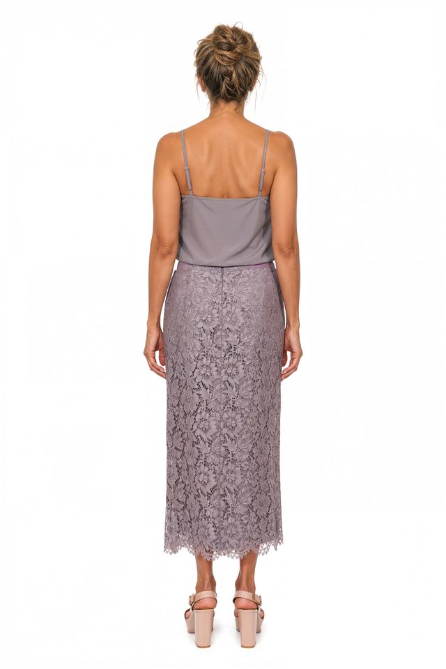 Valentino Floral Lace Midi Skirt in Dusty Mauve