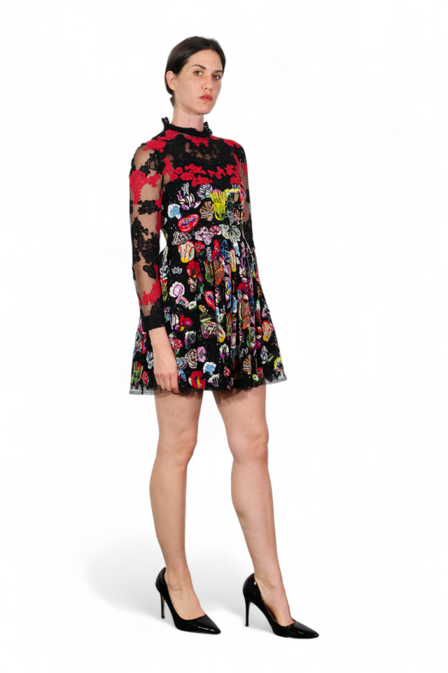 Valentino Embroidered Tulle Mini Dress — Black with Red Lace & Multicolor Florals