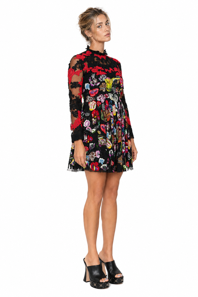 Valentino Embroidered Tulle Mini Dress — Black with Red Lace & Multicolor Florals