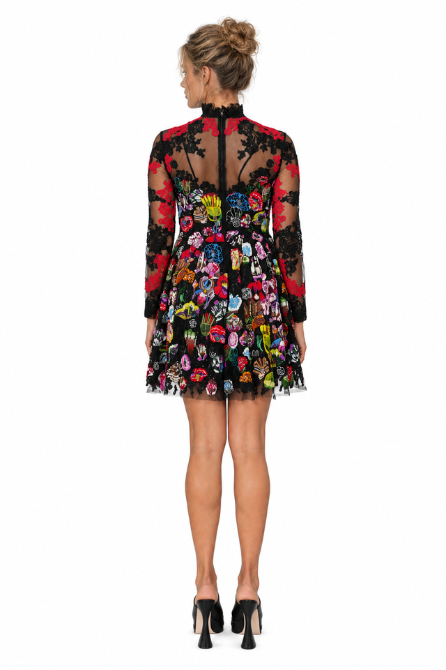 Valentino Embroidered Tulle Mini Dress — Black with Red Lace & Multicolor Florals