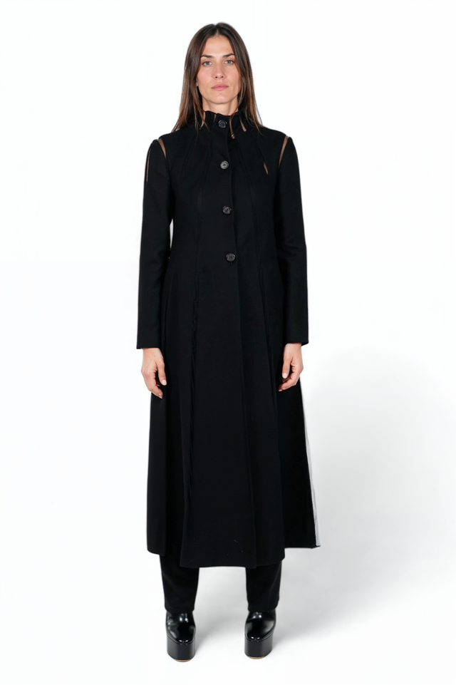 Valentino Black Longline Wool Coat with Sheer Details