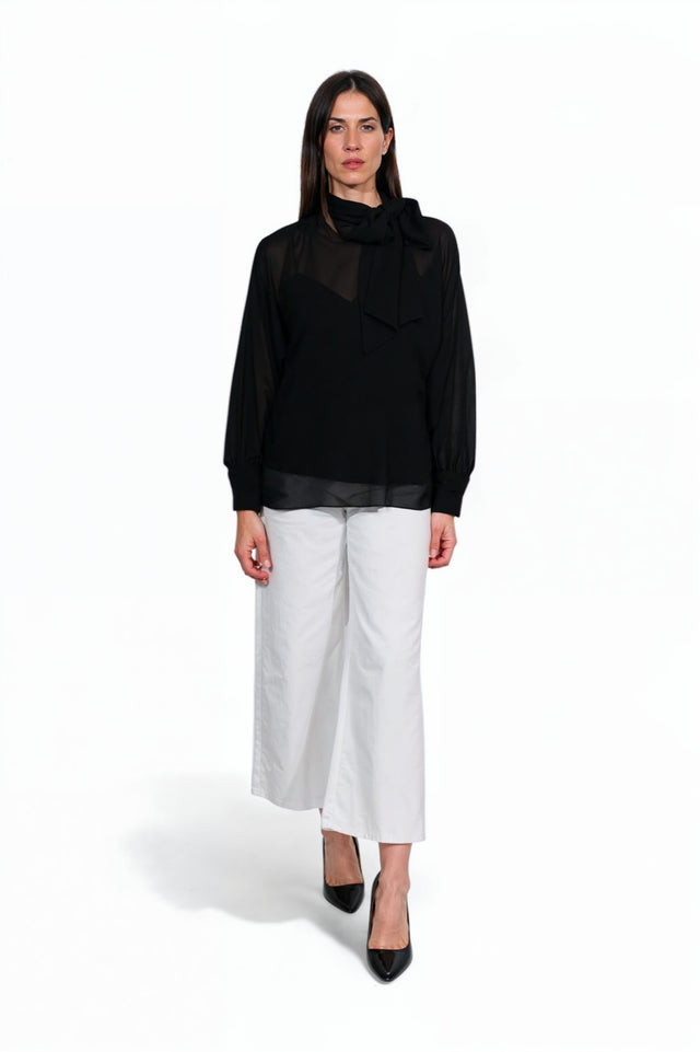 Mikael Aghal Black Tie-Neck Sheer Chiffon Blouse