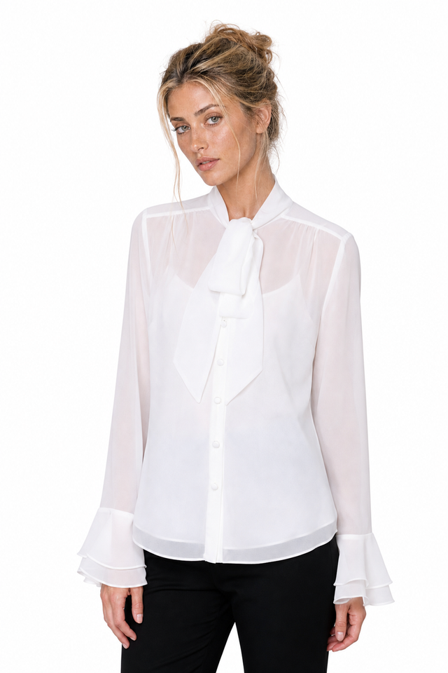 Mikael Aghal Women's Tie-Neck Tiered Ruffle-Cuff Chiffon Blouse