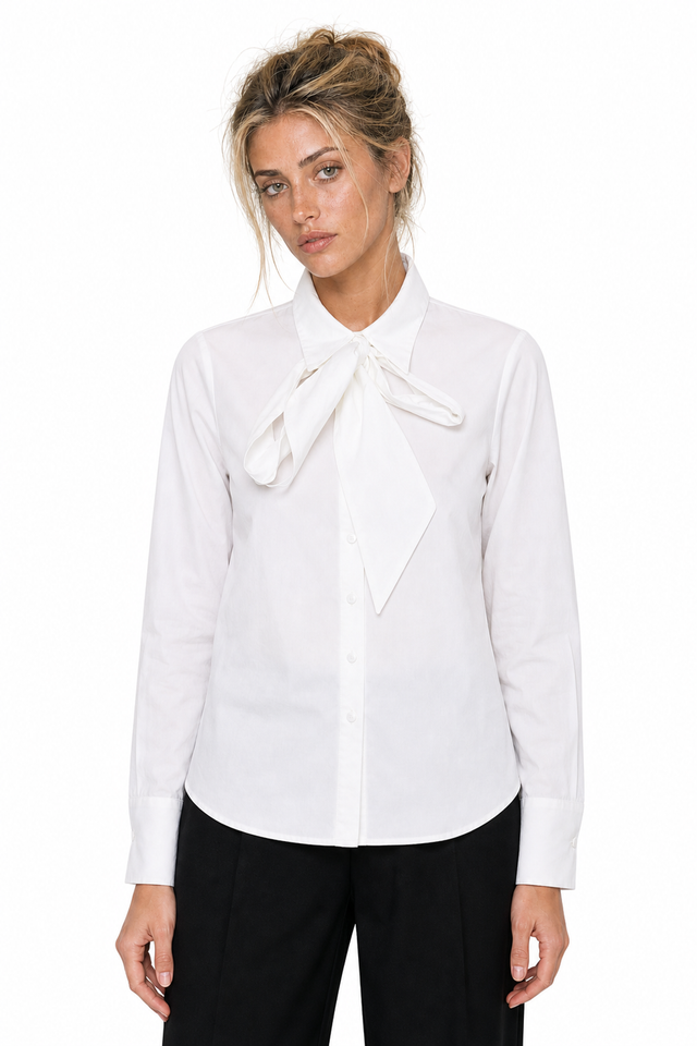 Mikael Aghal Women's Tie-Neck Long-Sleeve Cotton Poplin Shirt in White